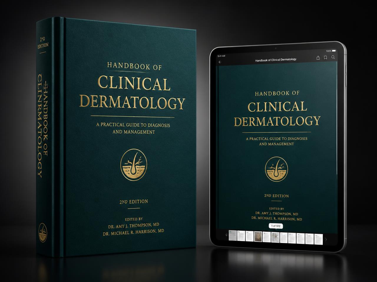 Printed dermatology handbook next to the digital PDF edition on a tablet